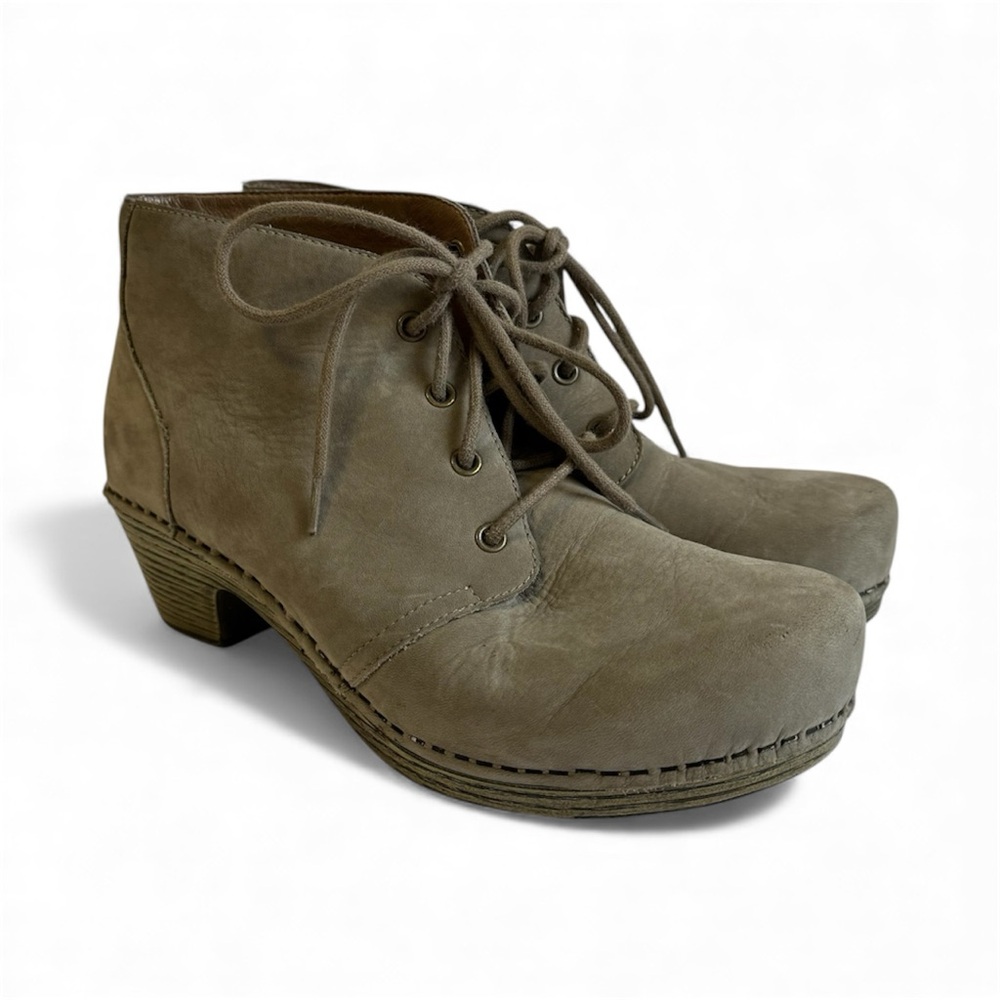 Dansko Meena Lace‎ Up Booties Taupe Leather Clogs Comfort Shoes Boots Womens 38